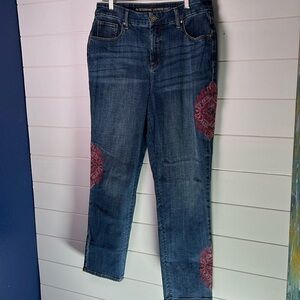 Women's Blue Jeans with Red Accents